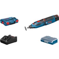 Blue Bosch cordless rotary tool with red accents, five wheels, two 2Ah batteries, charger, and L-BOXX case.