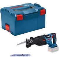 Blue Bosch cordless reciprocating saw with ergonomic handle, silver blade, and blue L-BOXX storage case.