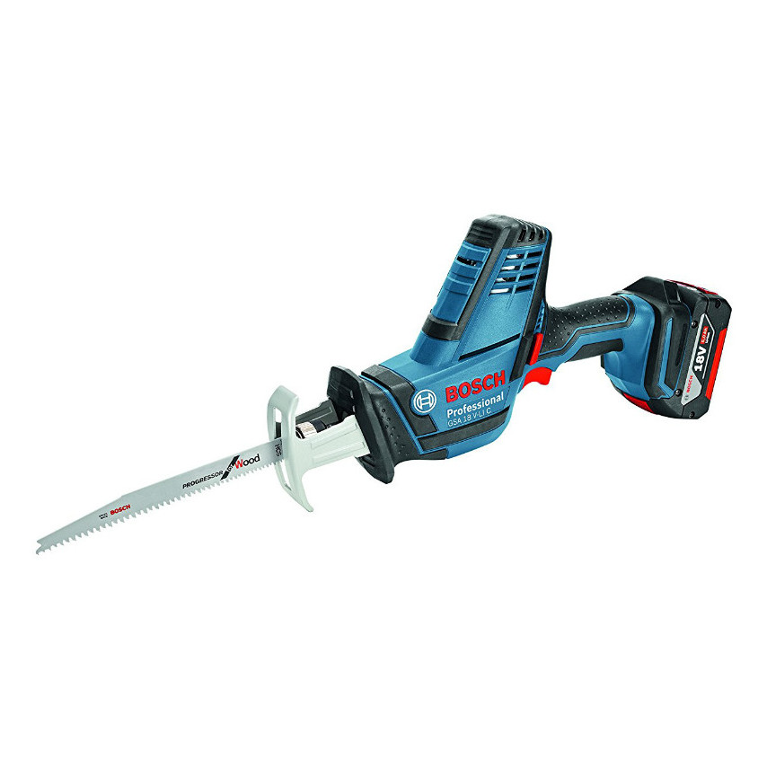Bosch 06016A5001 Professional Cordless Reciprocating Saw features a blue and black design, ergonomic grip, and a detachable blade for cutting wood, powered by an 18V battery.