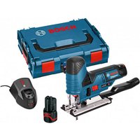 Bosch blue cordless jigsaw with black handle, lithium battery, charger, and blue carrying case with red latches.