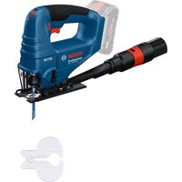 Blue Bosch cordless jigsaw with ergonomic handle, brushless motor, and visible blade, battery not attached.