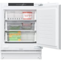 White Bosch built-in freezer with three transparent drawers, open door showing organized frozen food containers.