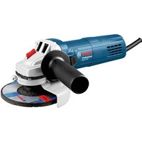 Bosch GWS 750 blue angle grinder with black side handle and 115mm disc, featuring a red switch and ventilation slots.