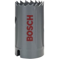Gray Bosch HSS bi-metal holesaw, 32mm, with jagged cutting edge and red Bosch logo on the side.