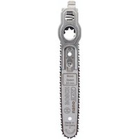 Silver Bosch Nanoblade Wood Speed 50 chainsaw bar with toothed edge and central mounting hole.