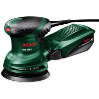 Green Bosch PEX220A random orbital sander with black grip and dust collection box.