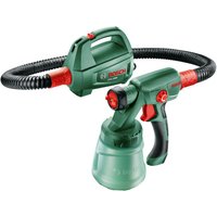 Green Bosch PFS2000 paint spray system with red accents, flexible hose, and ergonomic handle.
