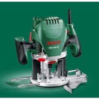 Green Bosch POF1200AE router with black handles, red accents, and clear base, designed for precision woodworking.