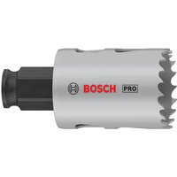 Silver Bosch Pro holesaw with jagged edge and black hex shank, branded with Bosch logo and "Pro" text.