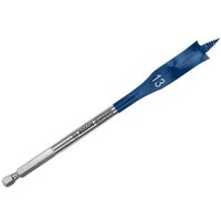 Blue Bosch spade drill bit with hex shank, sharp tip, and "13" marking on the blade.
