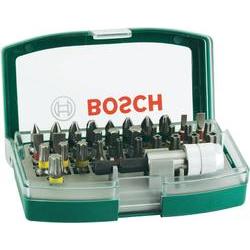 32-piece screwdriver bit set in a green plastic case, featuring various metal bits, a magnetic bit holder, and a clear lid displaying the Bosch logo.