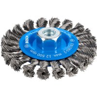 Bosch PRO knotted steel wire wheel brush with blue center and twisted metal bristles for heavy-duty cleaning.