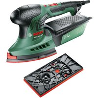Green Bosch PSM200AES 200W multi sander with ergonomic handle, dust box, and triangular sanding pad.