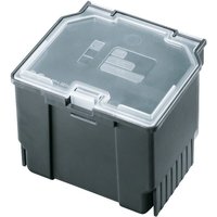 Gray Bosch SystemBox Accessory Box Small with clear lid and latch, compact and stackable design.