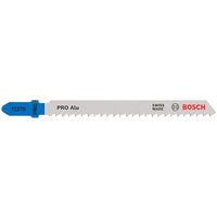 Bosch T127 D jigsaw blade for aluminum, silver with blue shank, sharp teeth, and Bosch logo.