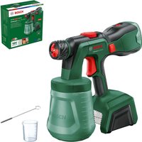 Green Bosch cordless paint spray system with red accents, detachable spray gun, and paint container.