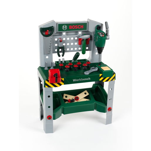 Green and gray Bosch workbench featuring tools, a drill, and accessories, with a sound feature and a sturdy design for imaginative play.
