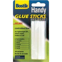 Bostik Handy Glue Sticks, clear cylindrical sticks in blue and yellow packaging, for all-purpose bonding.