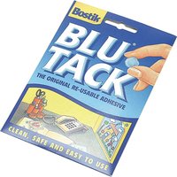 "Bostik Blu Tack Economy pack, blue packaging with hand holding adhesive, desk illustration, reusable adhesive"