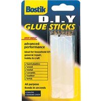 Bostik DIY All Purpose Glue Sticks in clear packaging with yellow and blue branding, ideal for various materials.