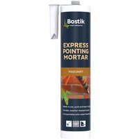 Bostik Express Pointing Mortar tube with nozzle, blue label, orange text, and masonry imagery.