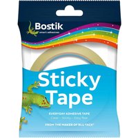 Bostik Sticky Tape, clear adhesive roll in blue packaging with colorful stripes and a gecko illustration.