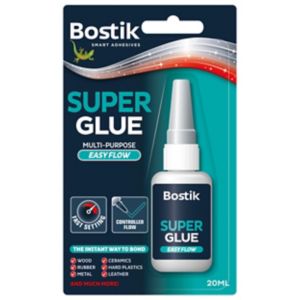 Clear 20ml bottle of Bostik Super Glue Easy Flow with a white nozzle, featuring a blue and green label indicating ultra strong, fast-setting adhesive for various materials.