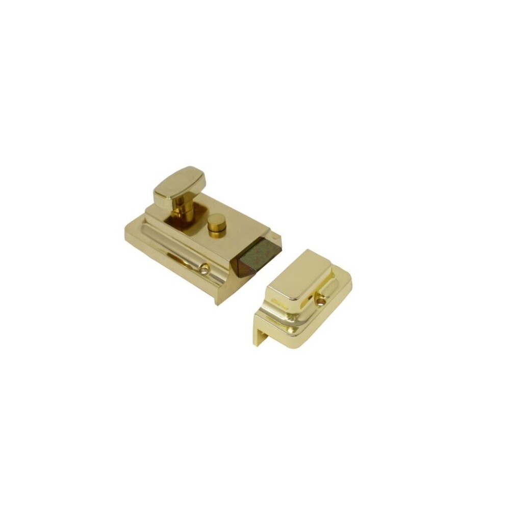 Polished brass Yale Essentials Nightlatch featuring a sleek design with a rectangular base, a thumb turn, and a removable latch for added security.