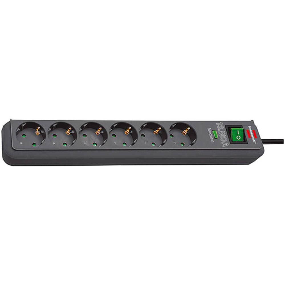 Brennenstuhl power extension in black with five AC outlets, a green power switch, and a 5-meter cable, designed for indoor use.
