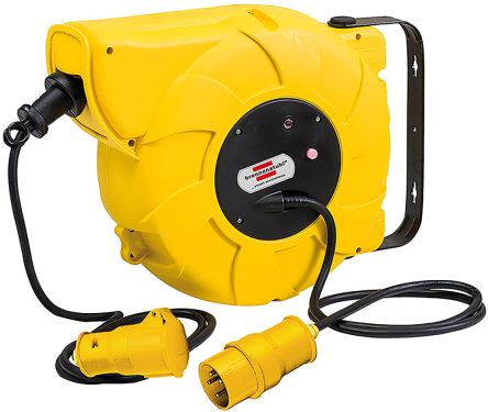 Bright yellow automatic cable reel with a sturdy plastic casing, featuring 16+2 meters of black cable, a red power indicator, and two weatherproof sockets.
