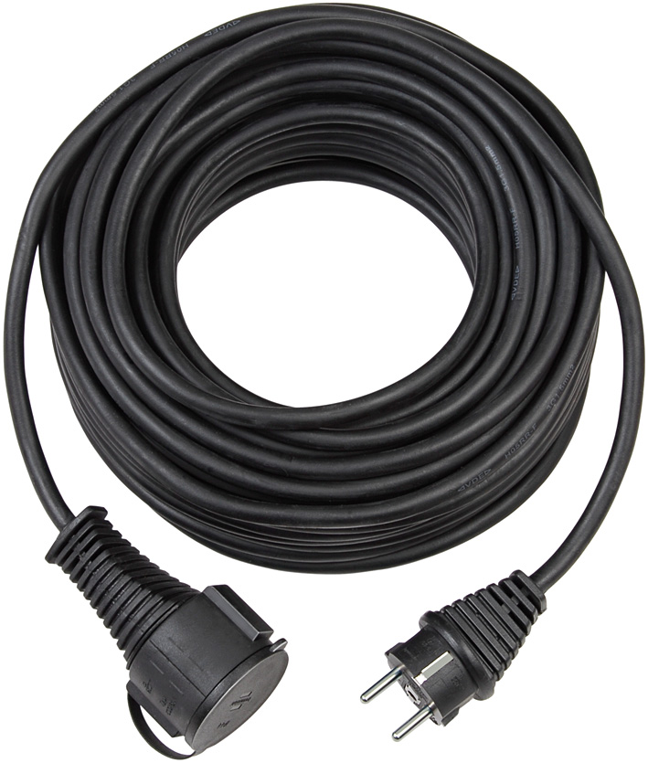 Black Brennenstuhl 230V extension cable featuring a Schuko male plug on one end and a Schuko female socket on the other, made of durable rubber material, coiled for easy storage.