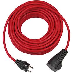 Red rubber extension cord, 10 meters long, featuring a durable design with a three-pin plug and a weather-resistant connector for outdoor use.