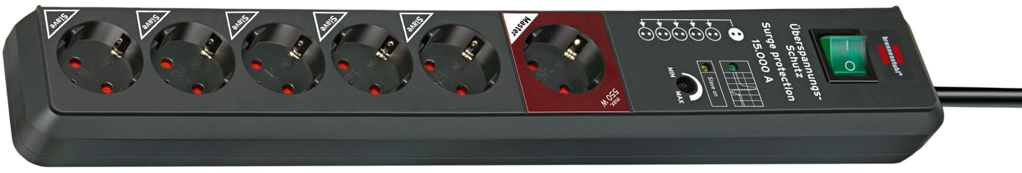 Brennenstuhl Secure-Tec 19.500A power strip in anthracite, featuring six AC outlets, a green power indicator, and a 3-meter cable for extended reach.
