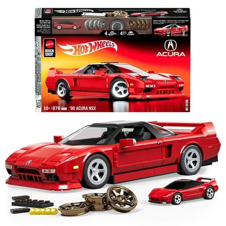 Red 90 Acura NSX building toy set by Hot Wheels, featuring 876 pieces, includes a detailed car model, extra wheels, and a smaller version of the car, all displayed with the packaging.