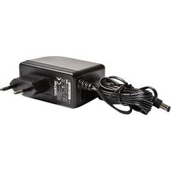 Black power supply unit with a compact design, featuring a two-prong plug and a coiled cable, labeled with "Brother" and specifications for the ADE001EU model.
