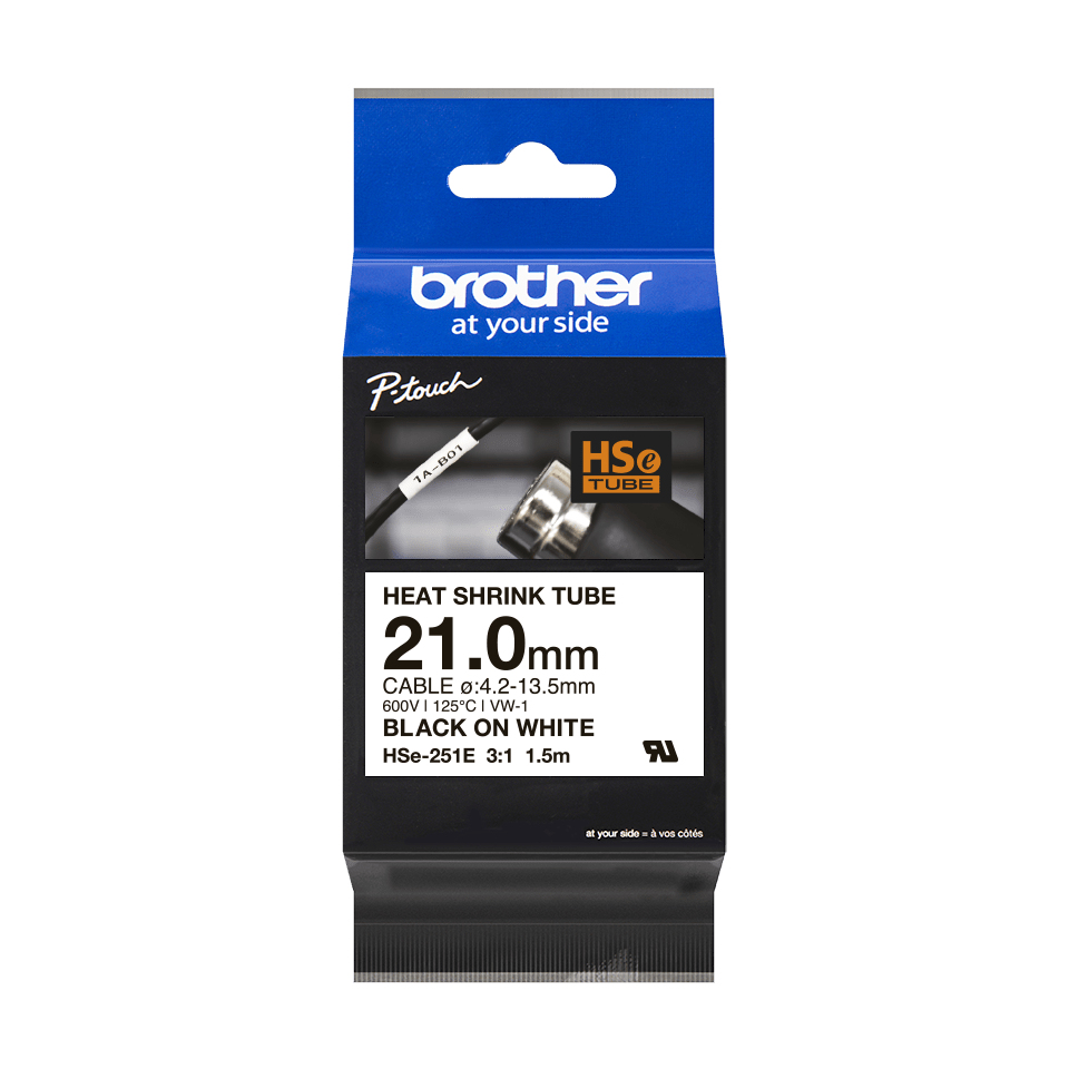 Black and white labelling tape packaging for Brother HSe251E, featuring a clear window showing the tape, with dimensions and specifications prominently displayed.