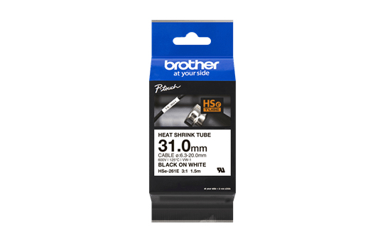 Brother HSE261E heat shrink tube packaging features a blue and black design, displaying the product name, size (31.0mm), and cable specifications on a white background.