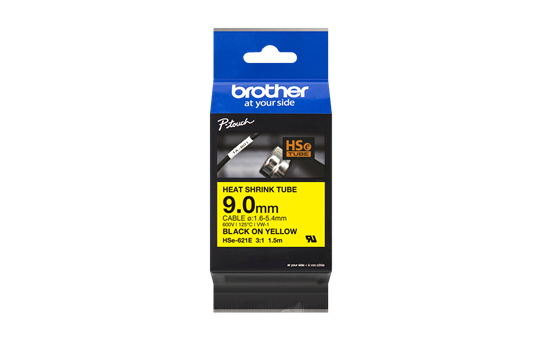 Black and yellow heat shrink label tape by Brother, measuring 5.8mm wide and 1.5m long, packaged in a blue and black plastic wrapper with clear product details.