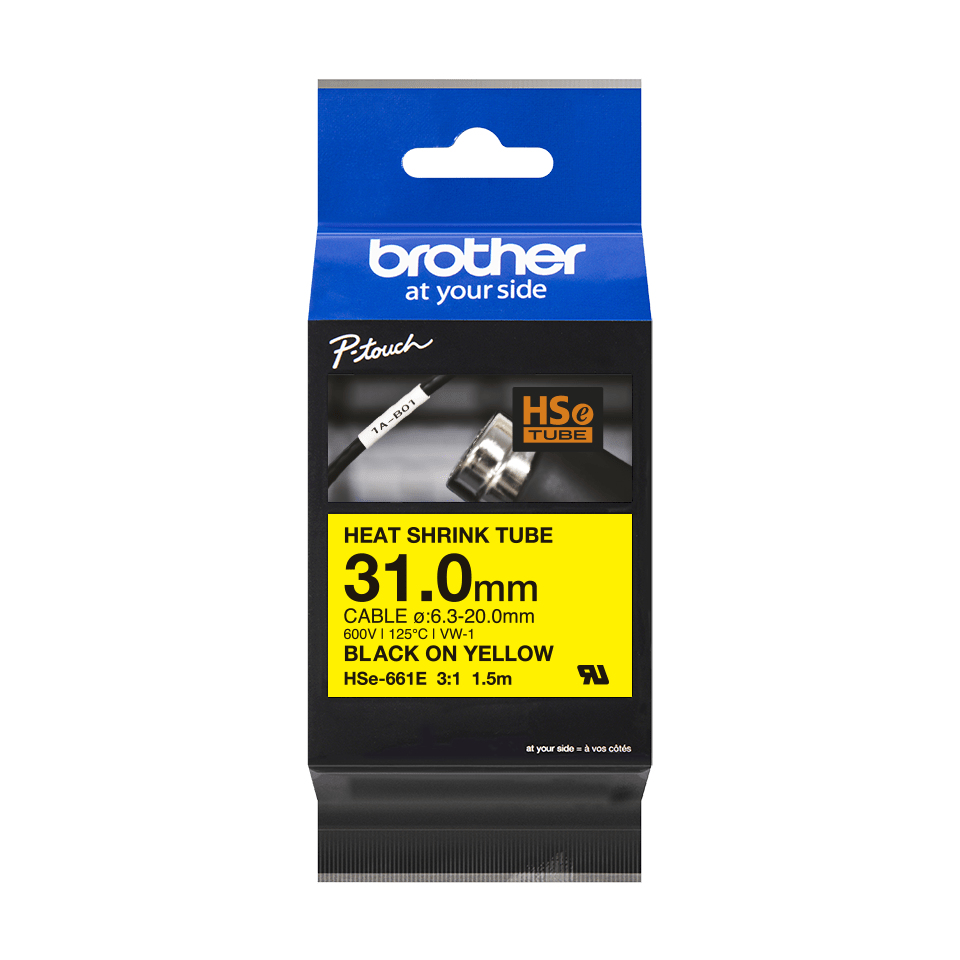 Black and yellow packaging for Brother HSE661E heat shrink tube, featuring a clear window, labeled dimensions, and specifications for cable compatibility.
