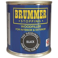 Brummer Wood Filler Black 250G in blue tin with yellow branding and black label for interior and exterior use.