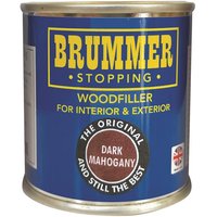 Brummer Wood Filler Dark Mahogany 700G tin, blue label with yellow text, circular color sample, and UK flag emblem.