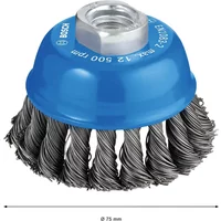 Blue Bosch knotted wire brush with twisted steel bristles and threaded attachment for power tools.