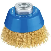 Blue Bosch crimped wire cup brush with steel bristles and hexagonal nut attachment.
