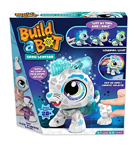 Build a Bot Snow Leopard is a buildable electronic pet featuring a white and gray speckled body, colorful eyes, and a light-up tail, designed for ages 4-12 with interactive features.