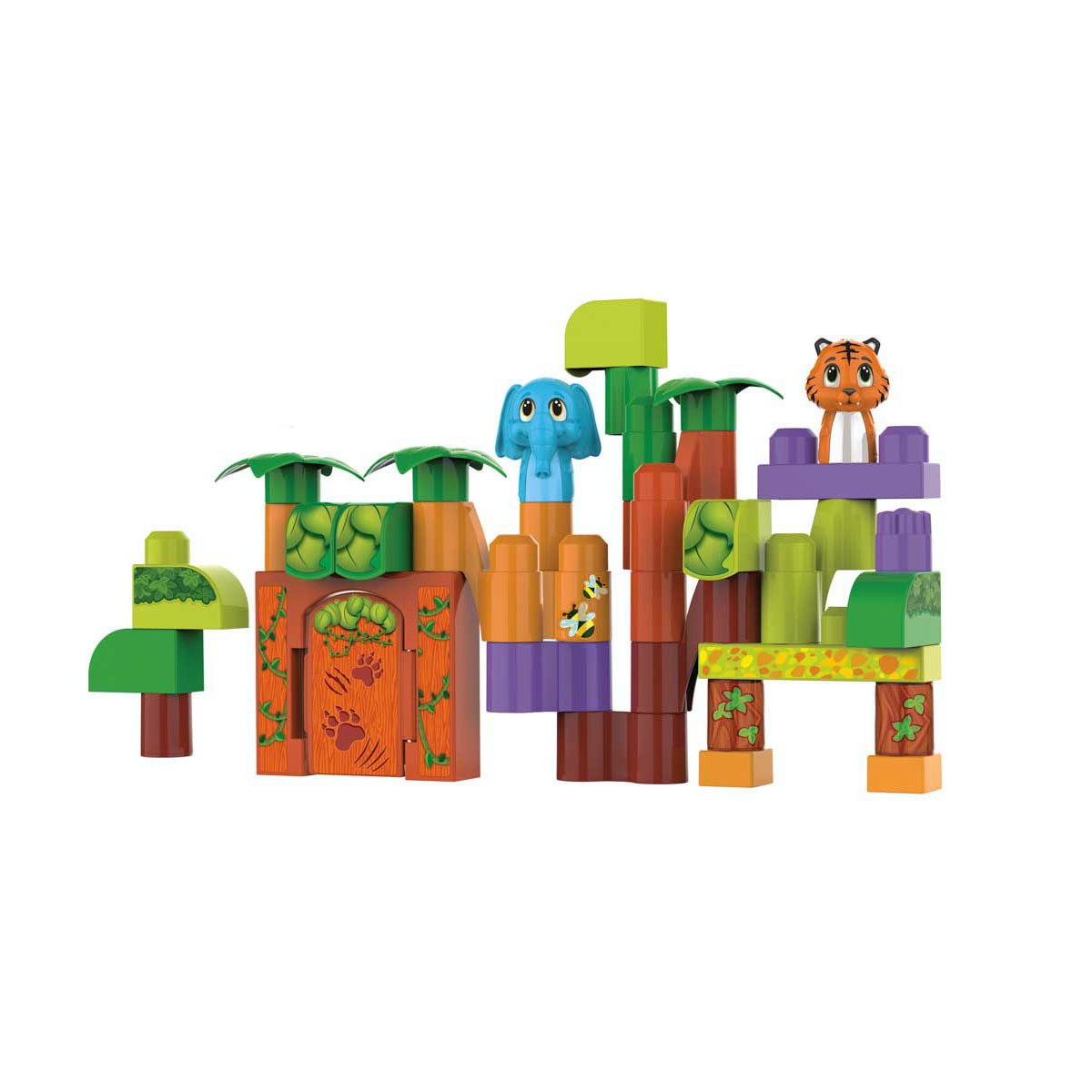 Colorful 32-piece building bricks playset featuring jungle-themed blocks, including an elephant, tiger, and various trees, made from durable plastic for imaginative play.