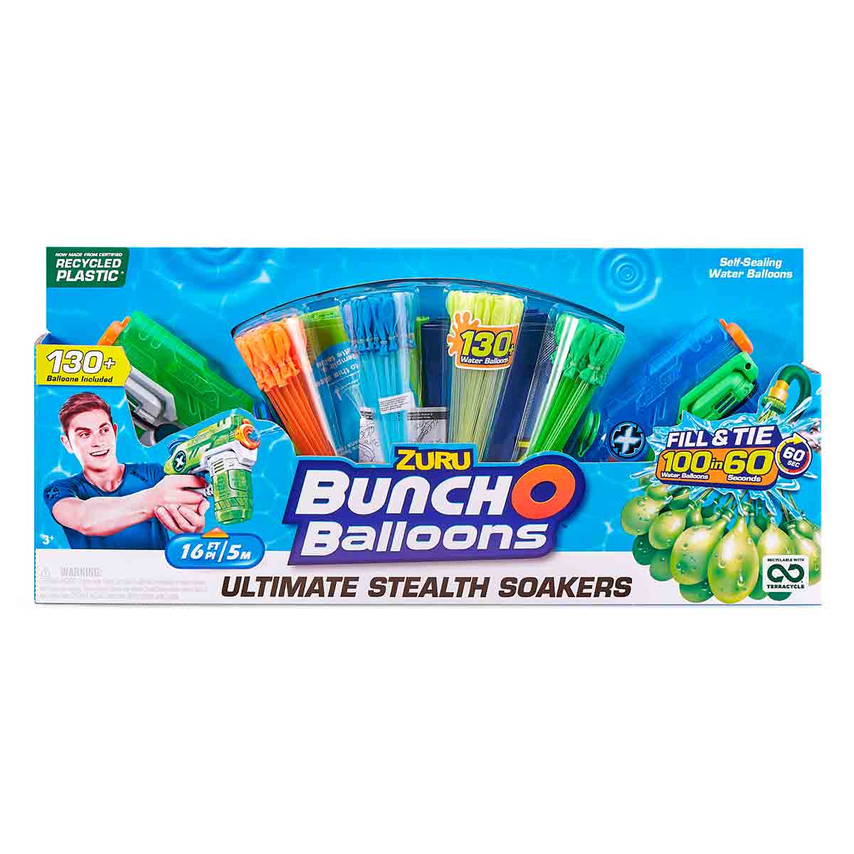 Colorful packaging featuring Bunch O Balloons Ultimate Stealth Soakers by ZURU, showcasing water balloons, filling tools, and a young man, with green and blue accents.