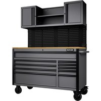 Black Bunker 10 Drawer Tool Roller Cabinet Workstation with wooden top, pegboard back, upper cabinets, and caster wheels.