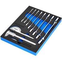 "Bunker 10 piece wrench and measuring tool set in black EVA foam inlay with blue edges, includes calipers and wrenches"