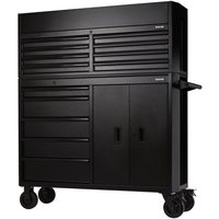 Black Bunker 13 Drawer Roller Cabinet and Tool Chest Combo with wheels and side handle.