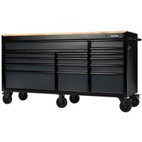 Grey 72in Bunker 15-drawer workbench roller tool cabinet with wooden top and black wheels by Draper Tools